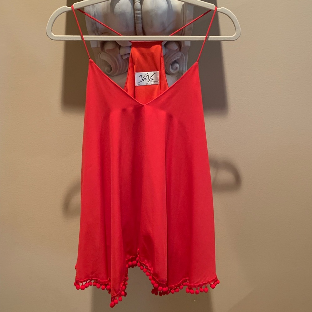 Small Red Tank with Pom Pom Hem Line